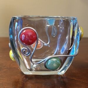 Vtg Square Jeweled Glass Candy Trinket Dish 3.25in Heavy BOHO Colorful Artsy
